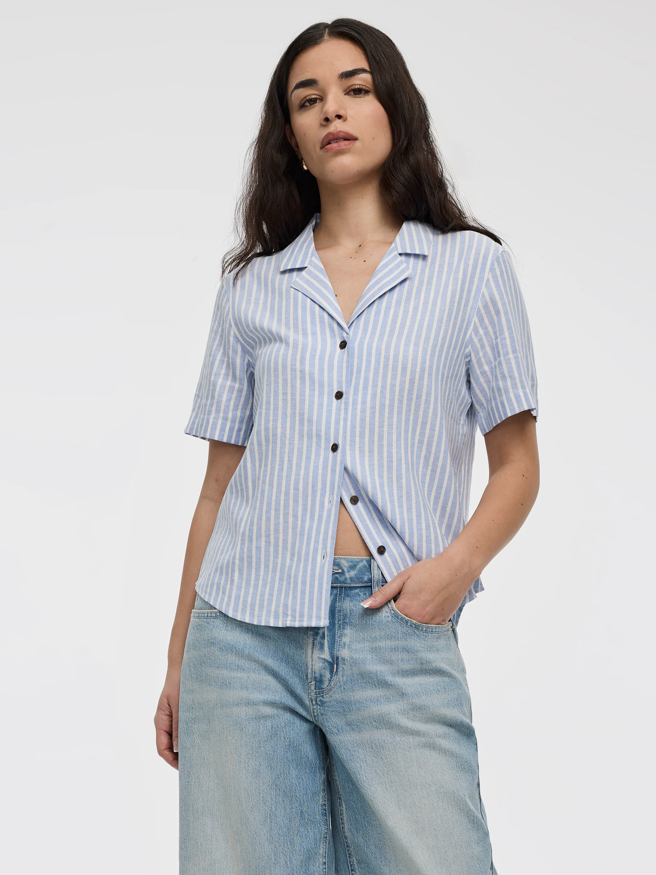 Striped Short-Sleeve Shirt with Pyjama Collar - Image 5