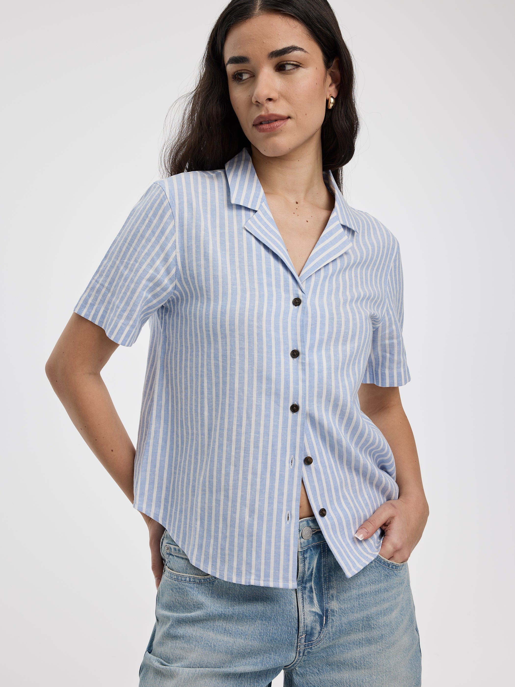 Striped Short-Sleeve Shirt with Pyjama Collar - Image 8