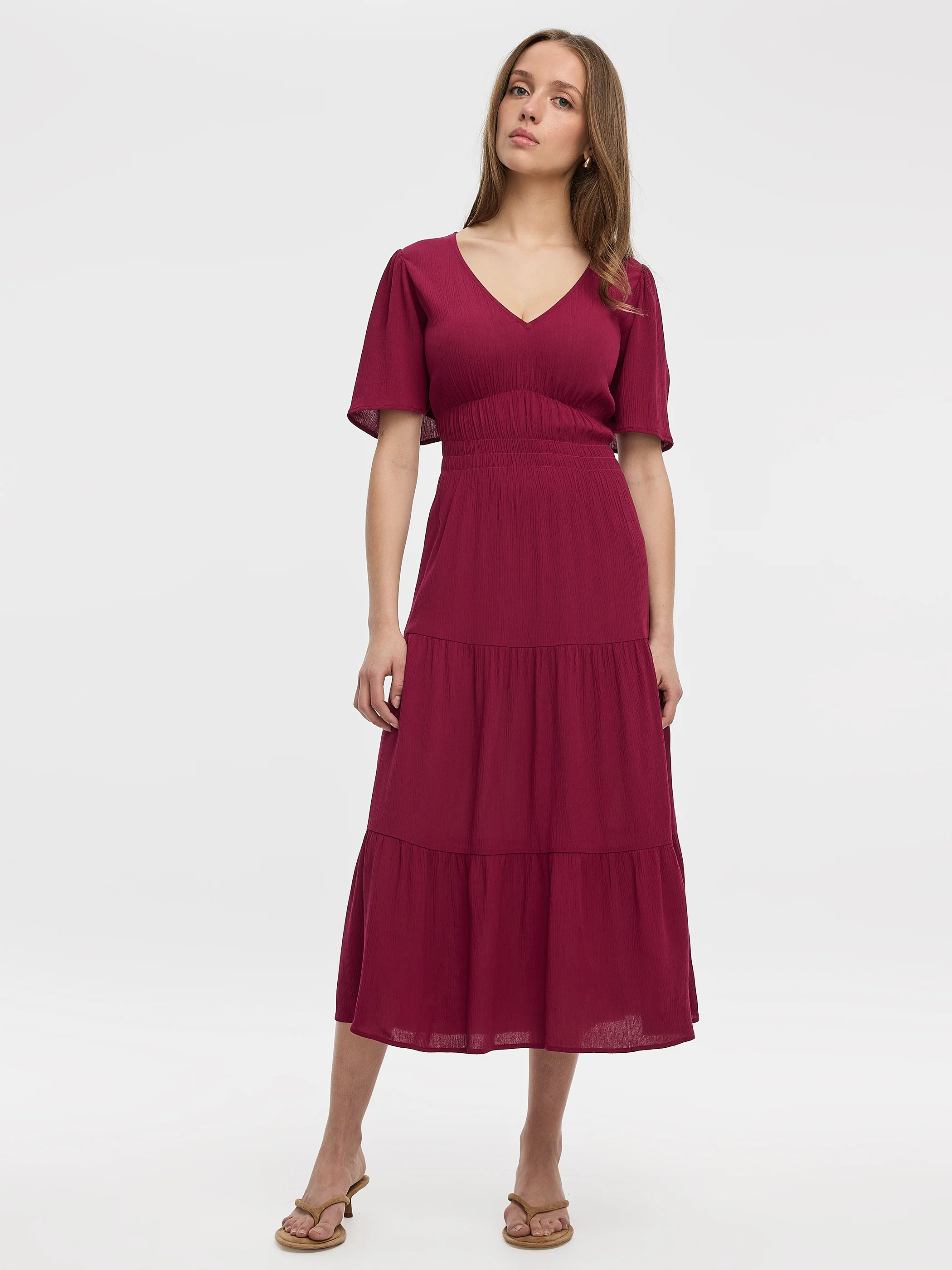 Short-Flutter-Sleeve V-Neck Tiered Midi Dress - Image 13