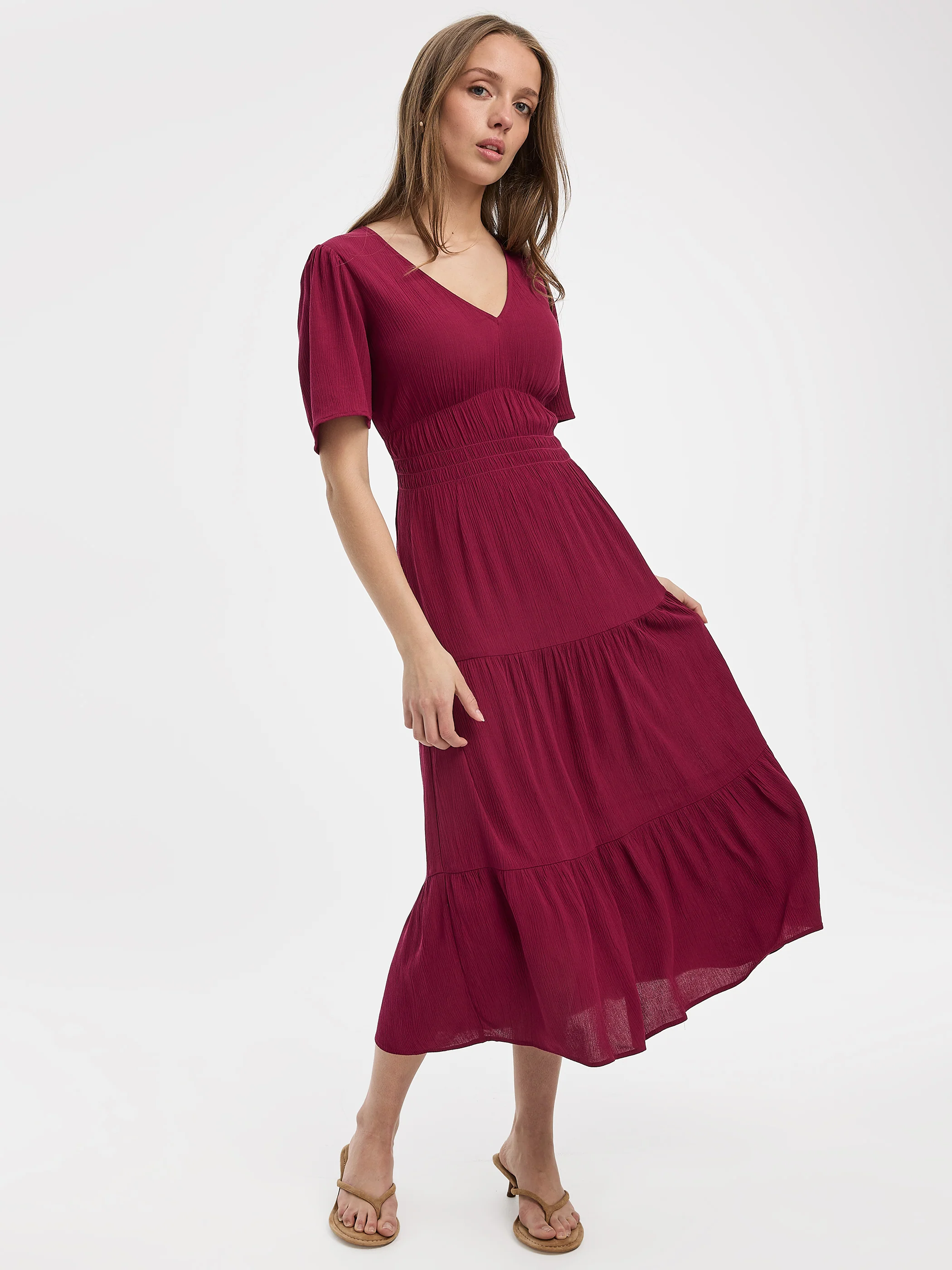 Short-Flutter-Sleeve V-Neck Tiered Midi Dress - Image 16