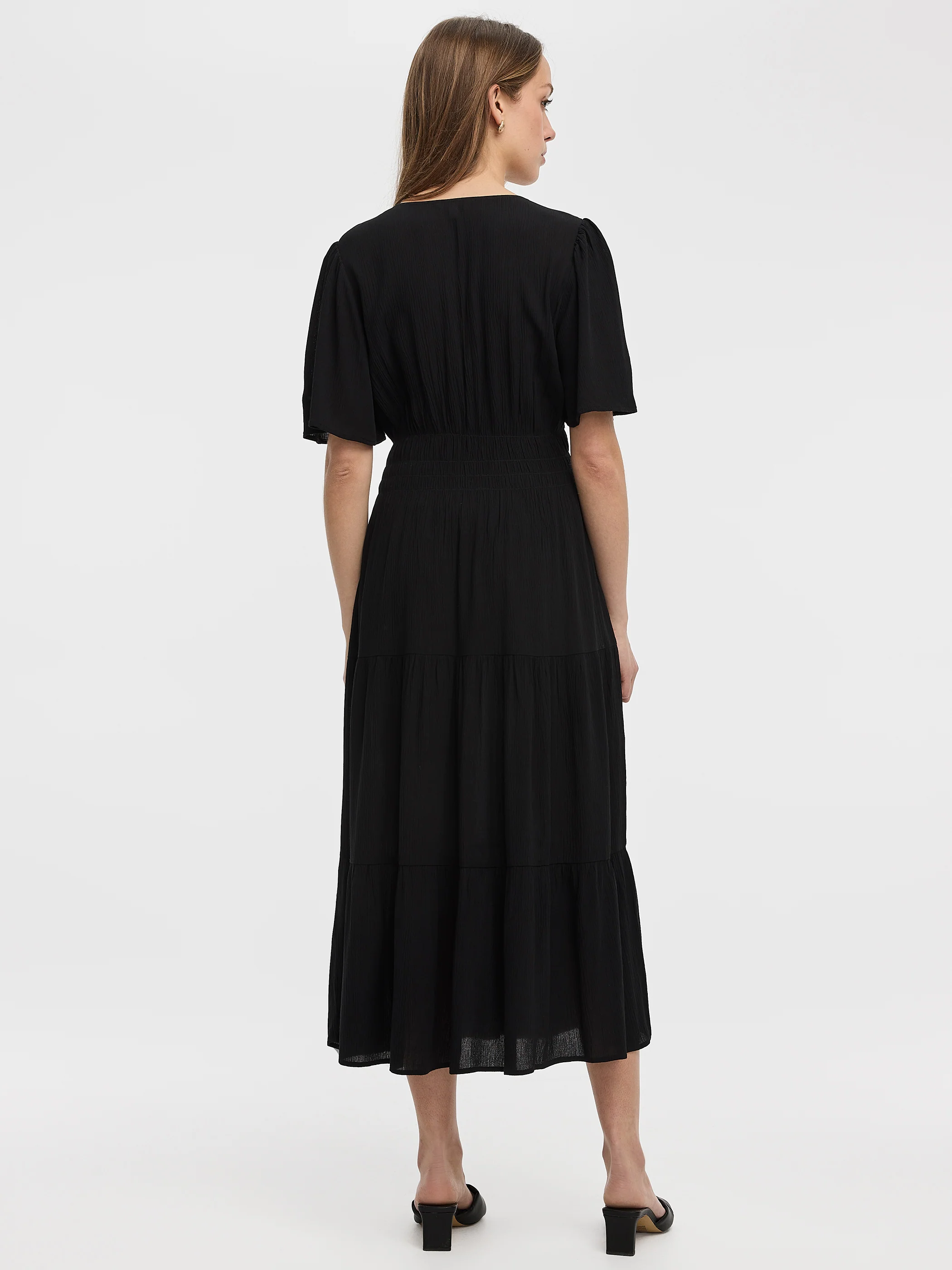 Short-Flutter-Sleeve V-Neck Tiered Midi Dress - Image 3
