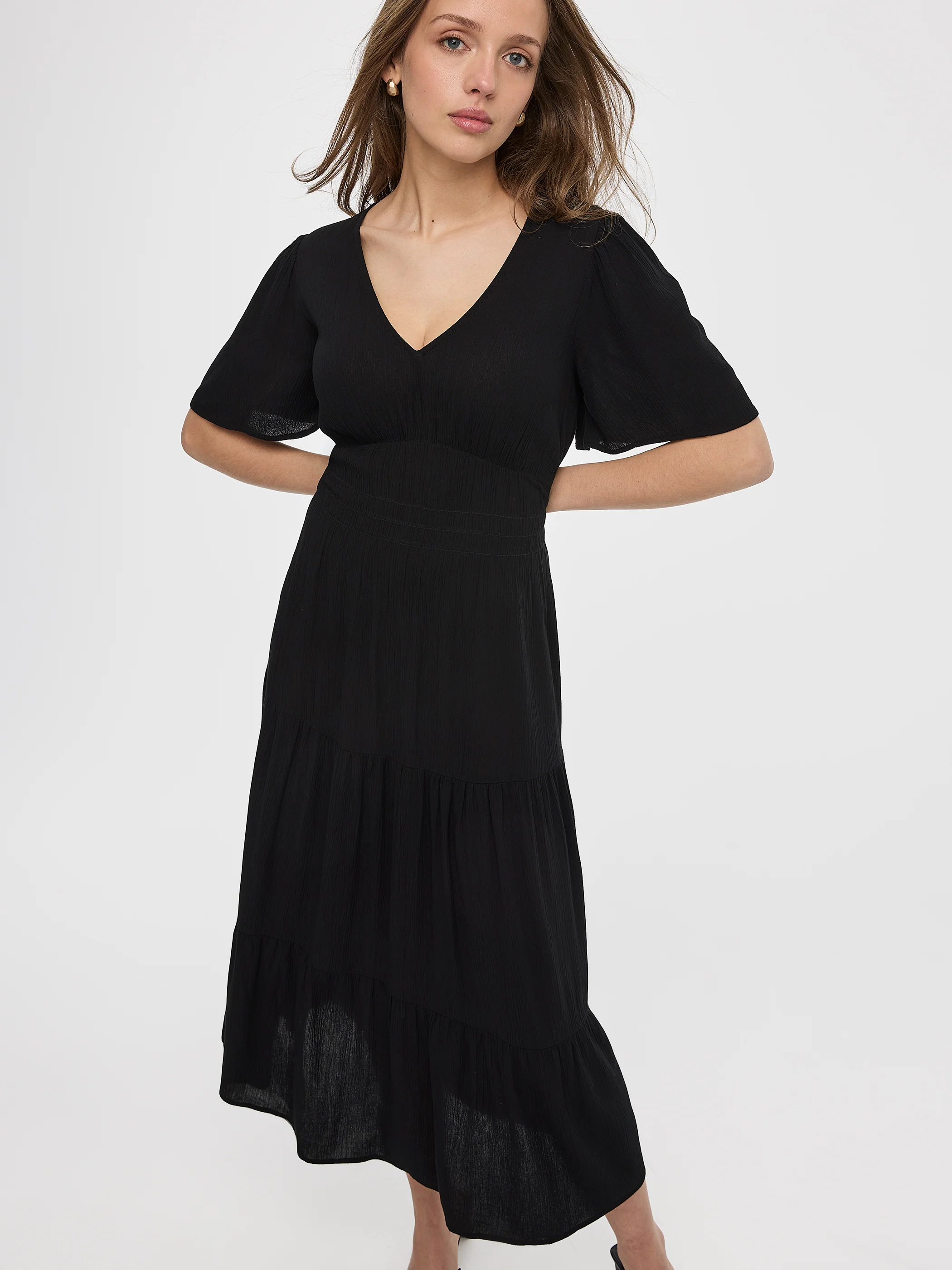 Short-Flutter-Sleeve V-Neck Tiered Midi Dress - Image 4