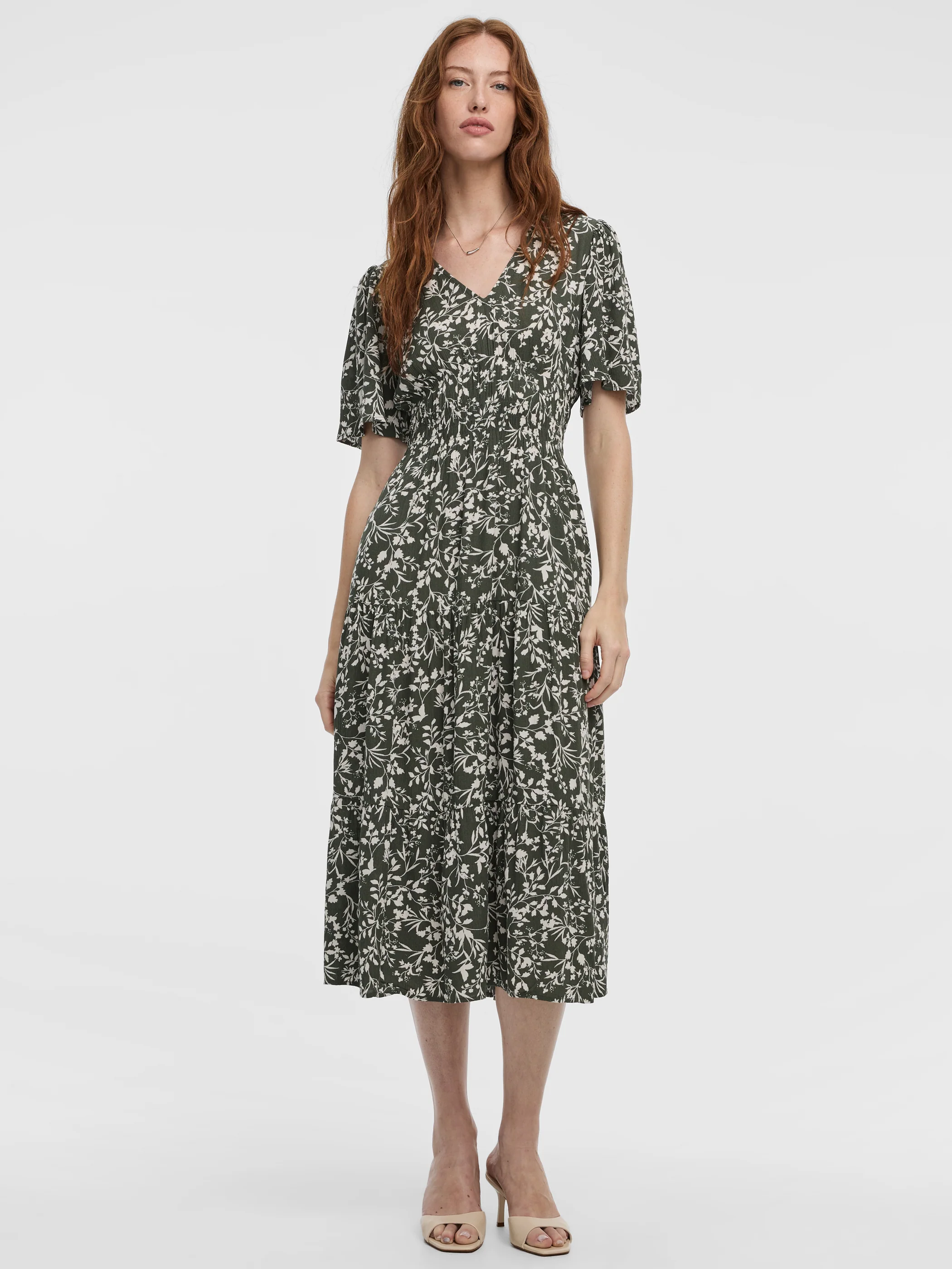 Short-Flutter-Sleeve V-Neck Tiered Midi Dress - Image 5