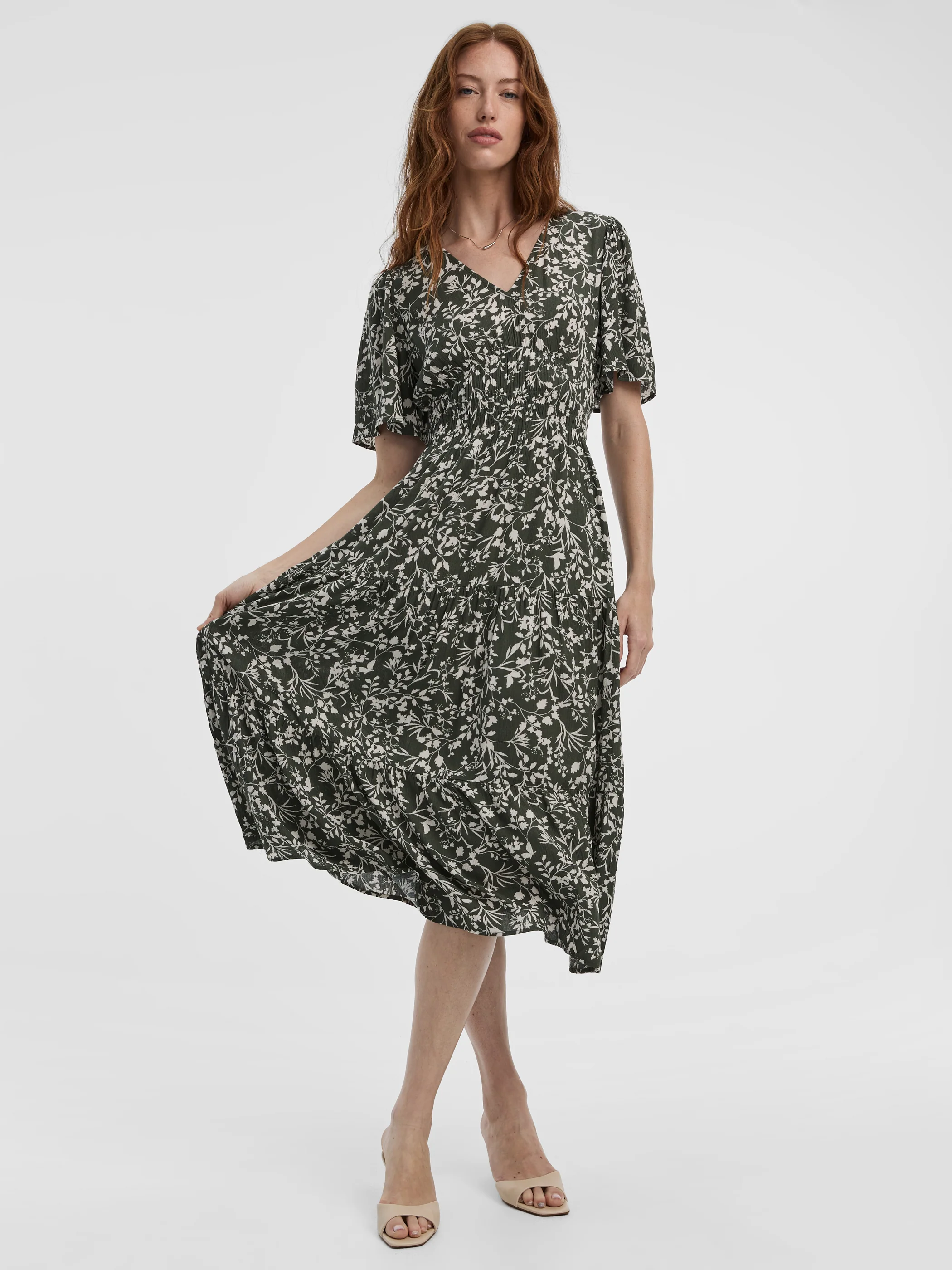 Short-Flutter-Sleeve V-Neck Tiered Midi Dress - Image 8
