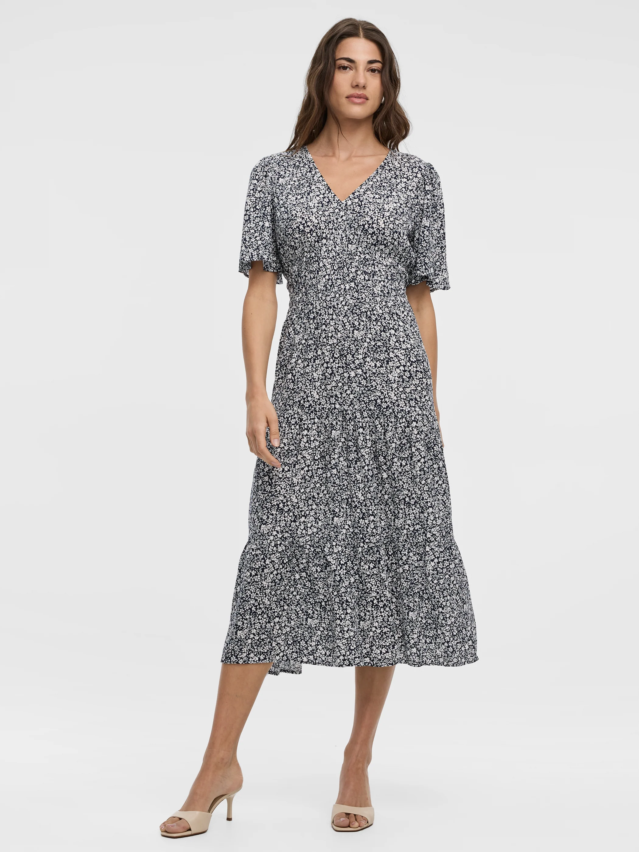 Short-Flutter-Sleeve V-Neck Tiered Midi Dress - Image 9