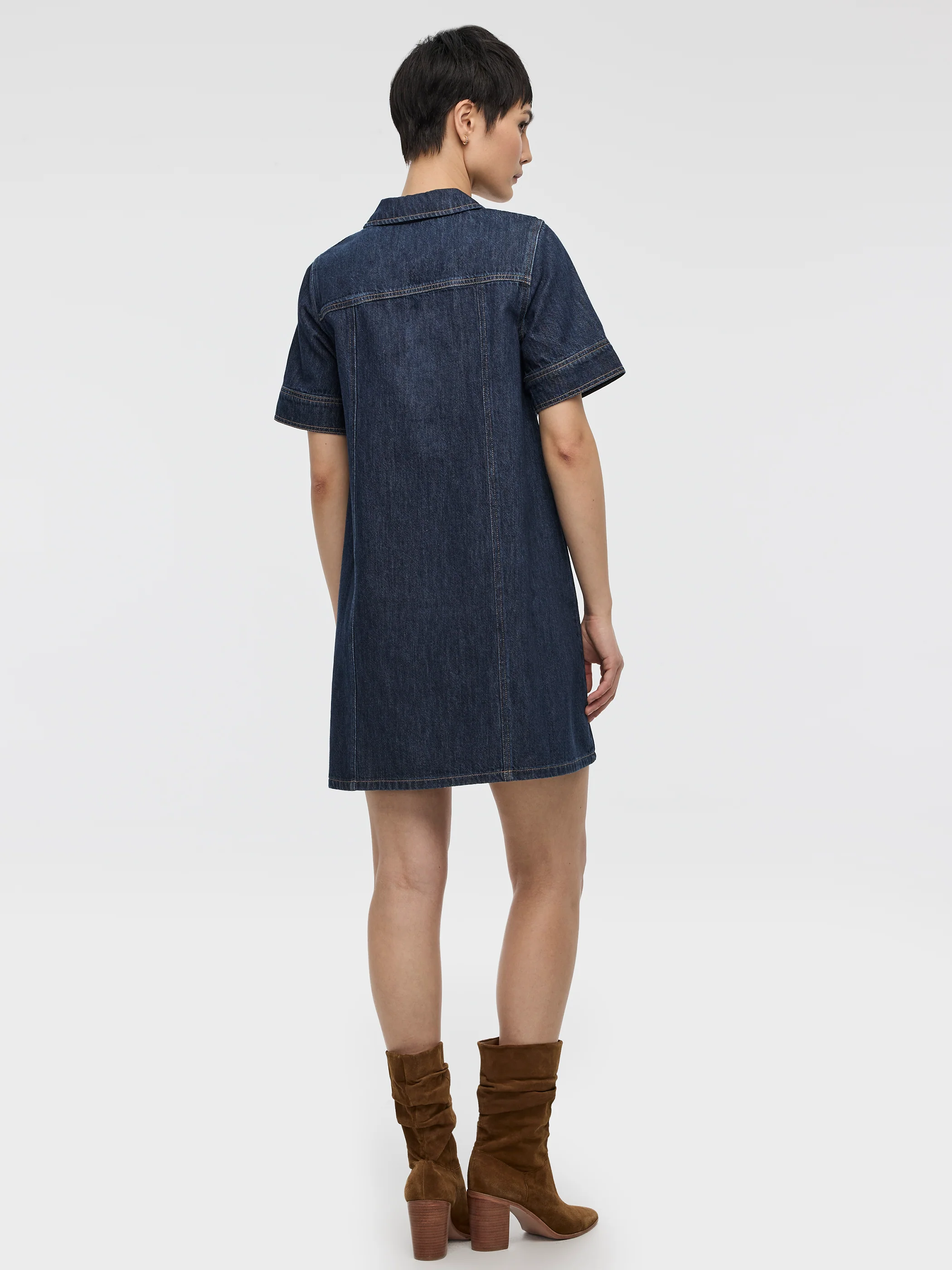 Elbow-Sleeve Shirt-Collar Denim Mini Dress - Image 3