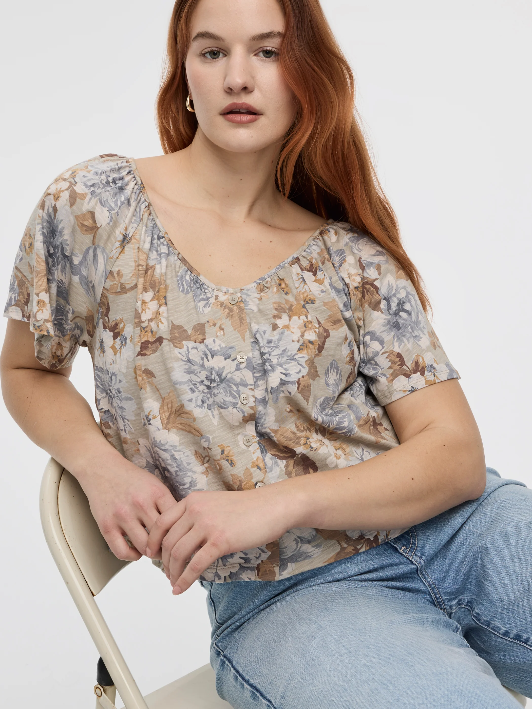 Short-Flutter-Sleeve V-Neck Buttoned-Down Blouse - Image 4