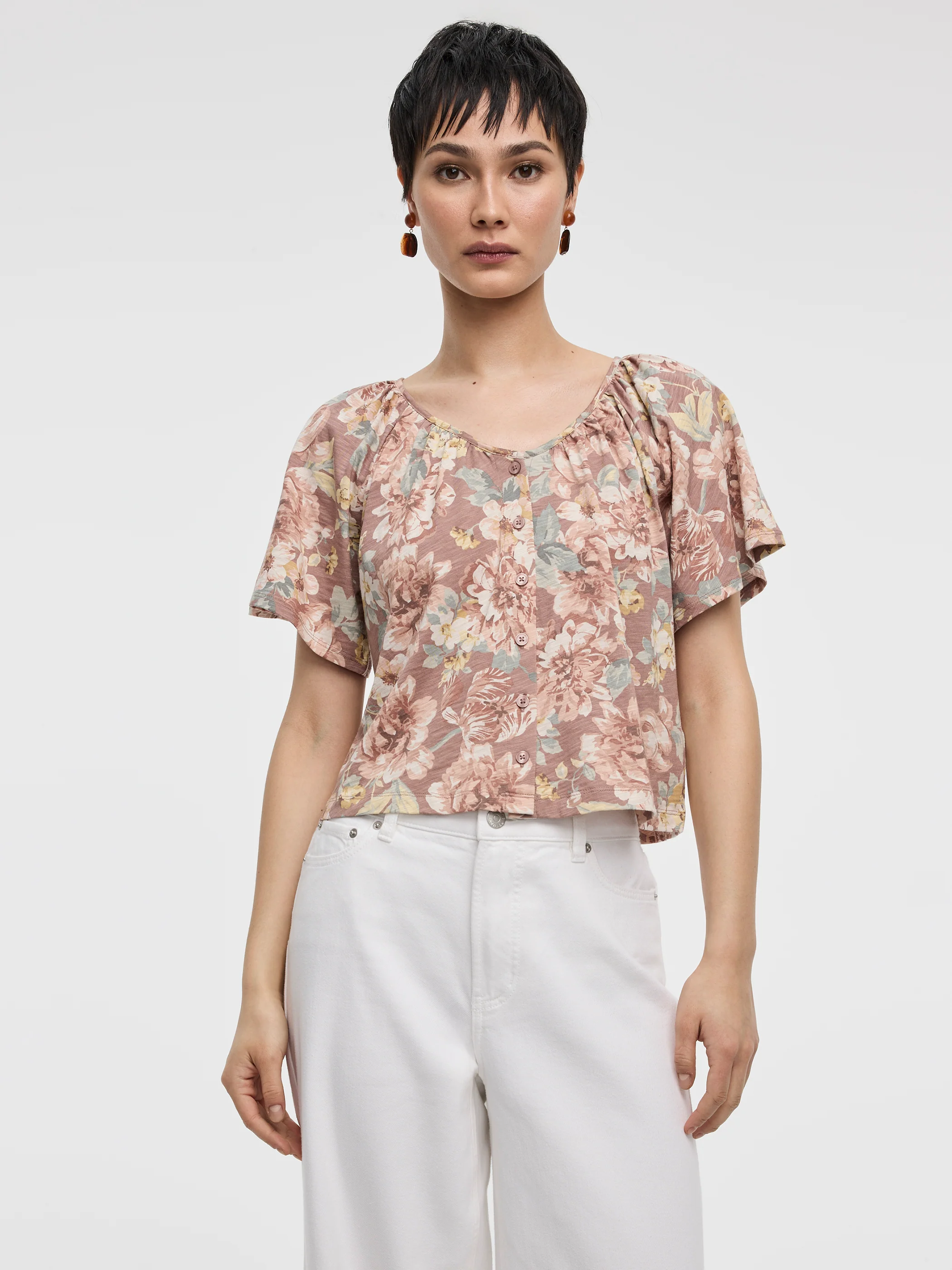 Short-Flutter-Sleeve V-Neck Buttoned-Down Blouse - Image 5