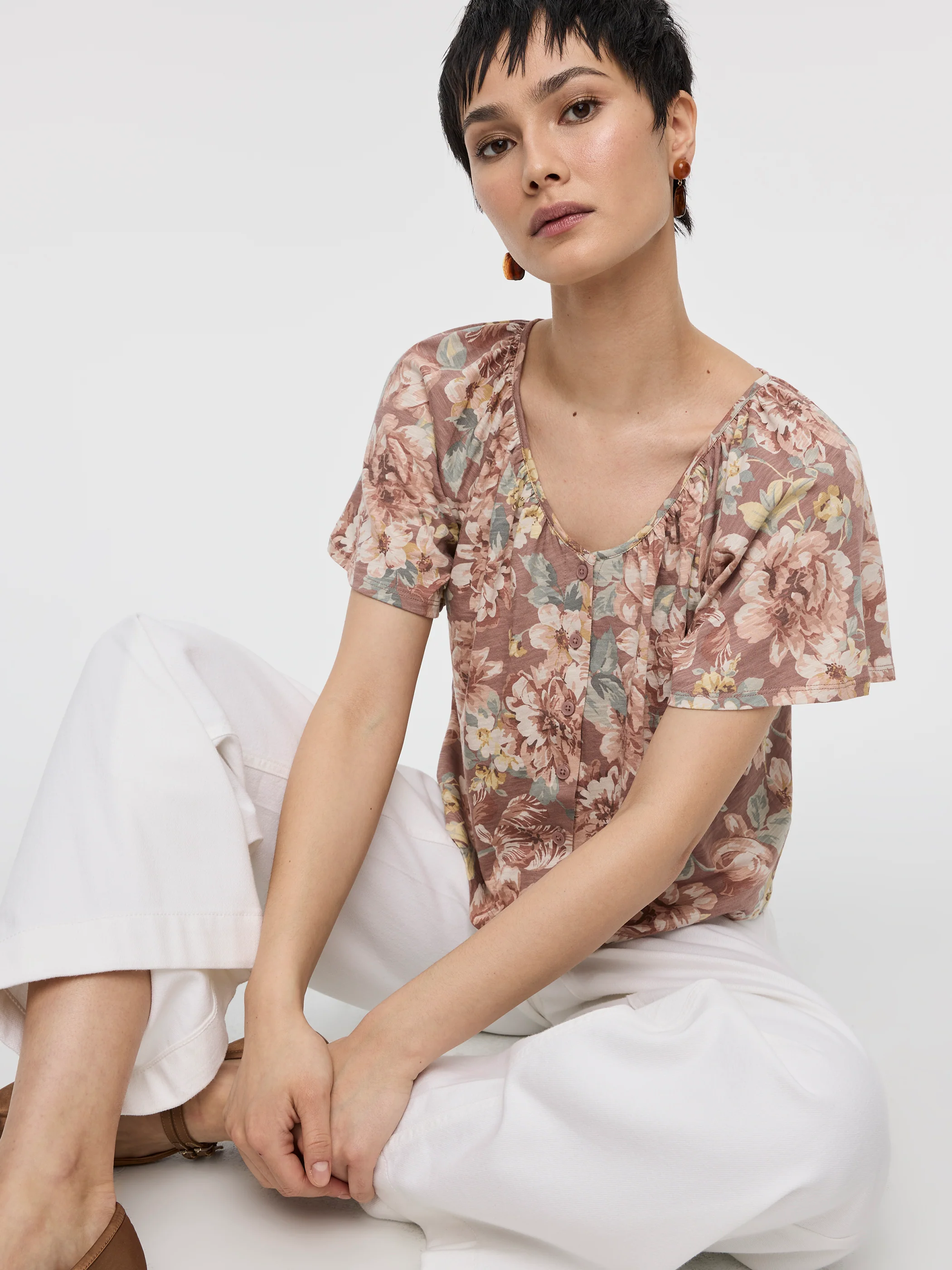 Short-Flutter-Sleeve V-Neck Buttoned-Down Blouse - Image 8