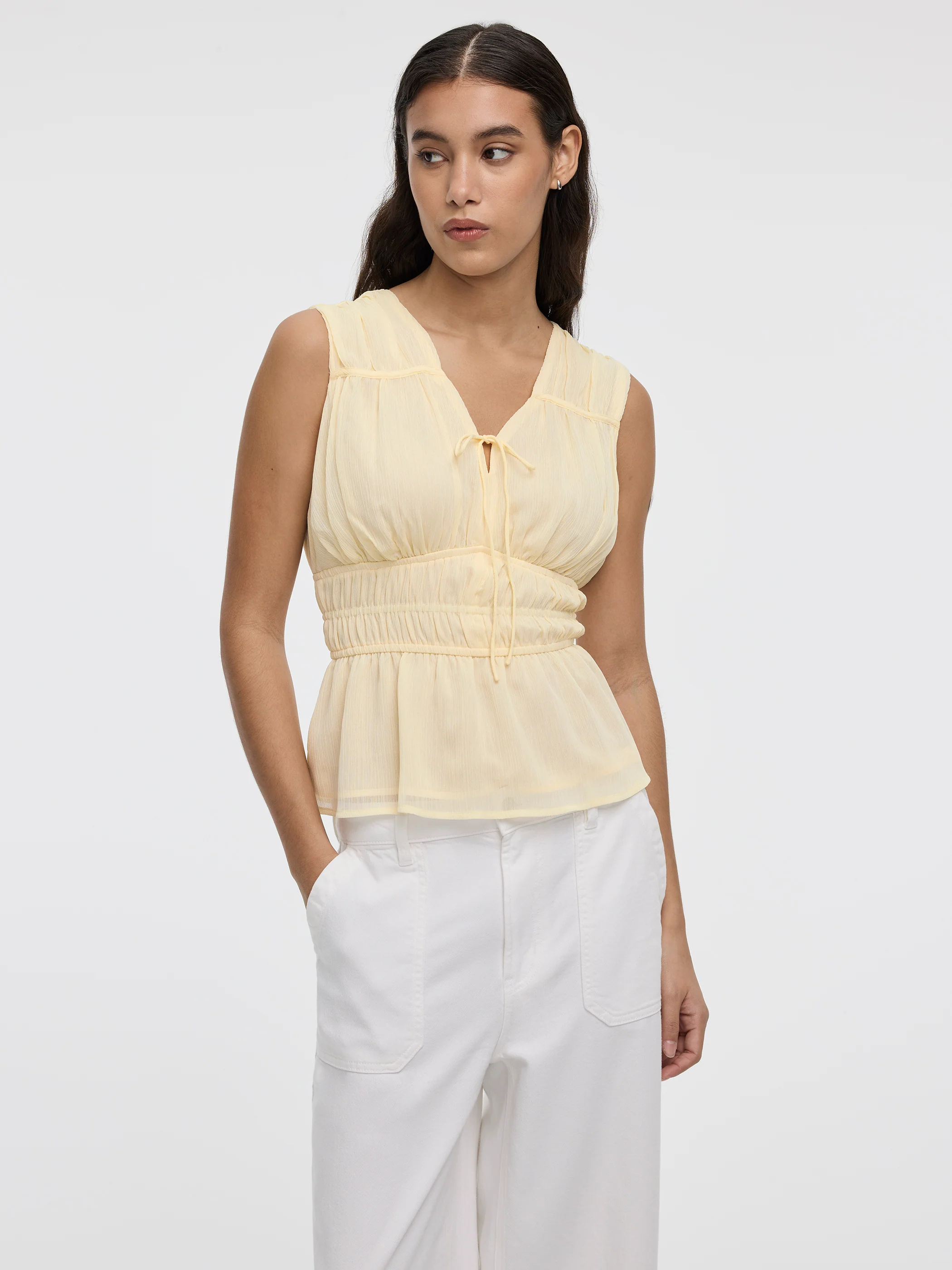 Sleeveless V-Neck Blouse with Smocked Waist - Image 5