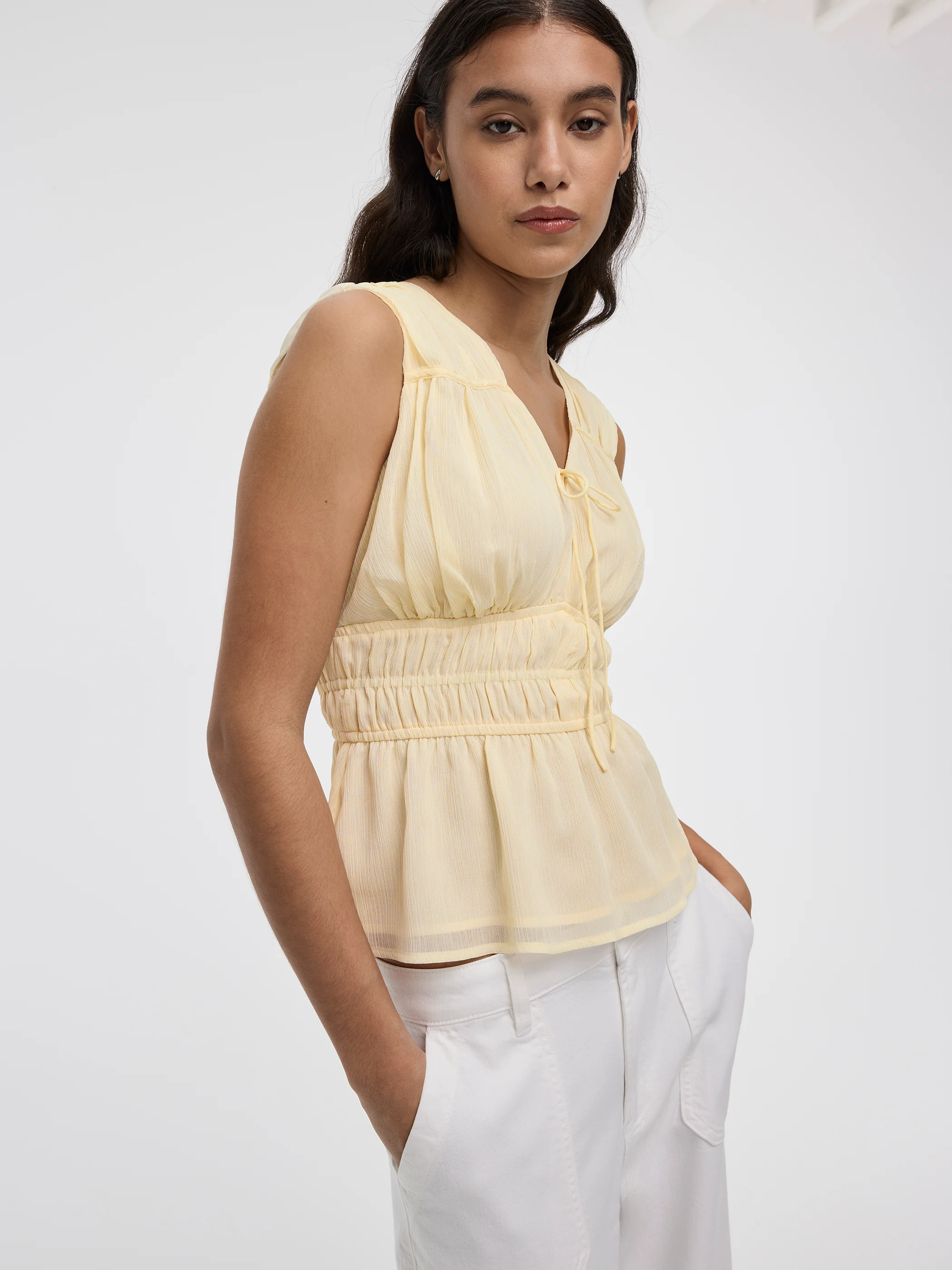 Sleeveless V-Neck Blouse with Smocked Waist - Image 8