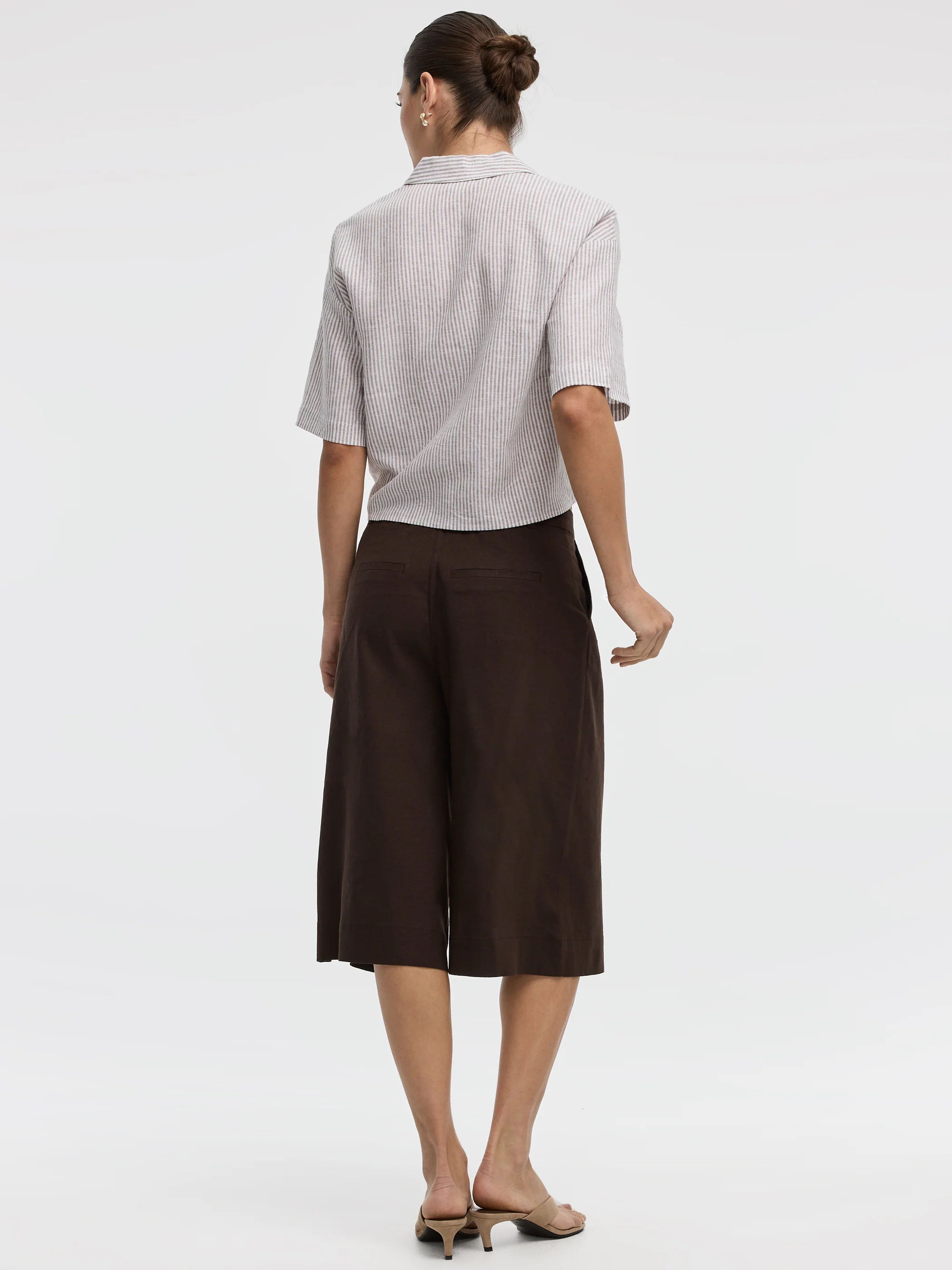 Striped Short-Sleeve V-Neck Blouse with Self-Tie Closure - Image 3