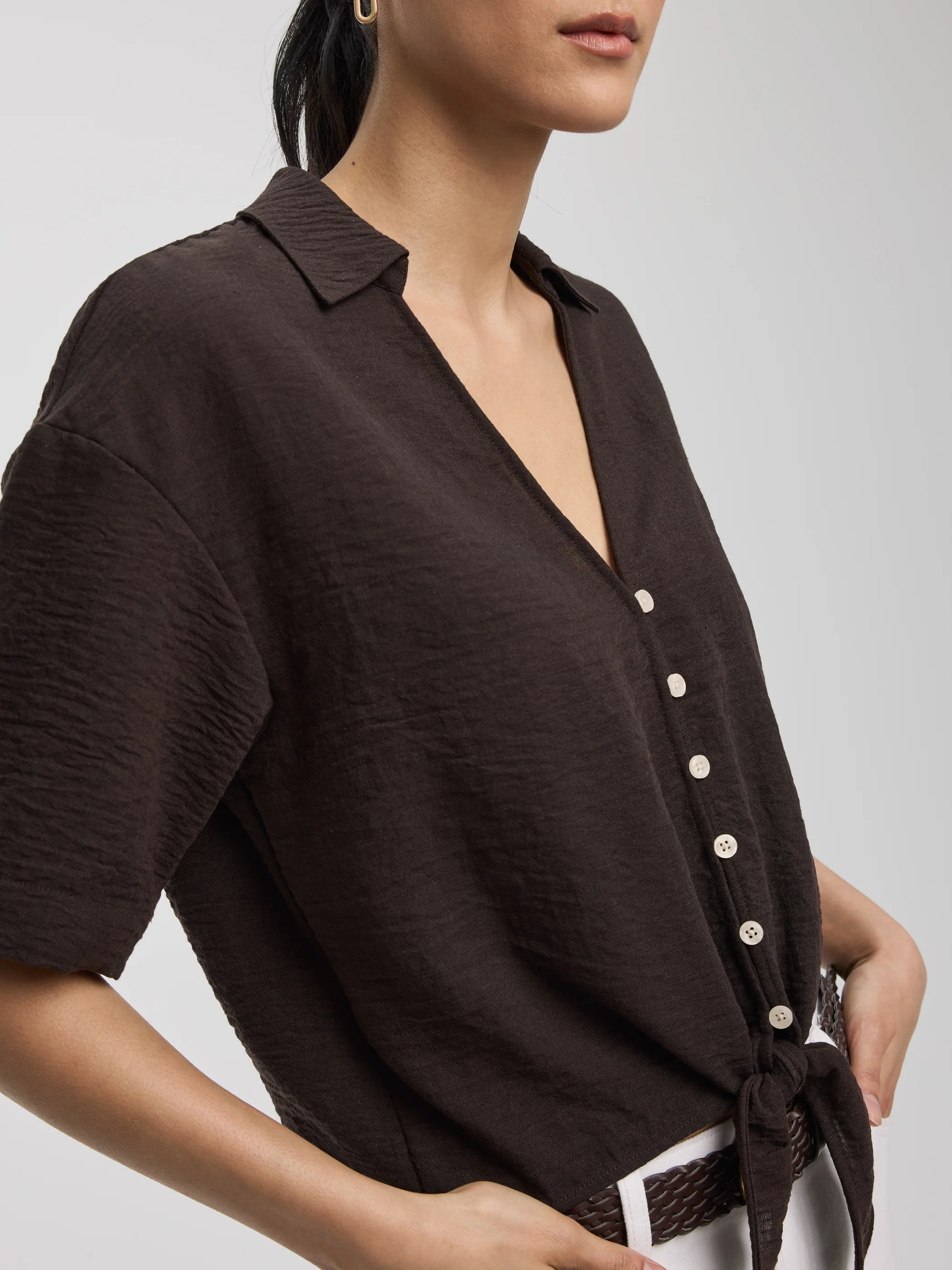 Short-Sleeve V-Neck Blouse with Self-Tie Closure - Image 2