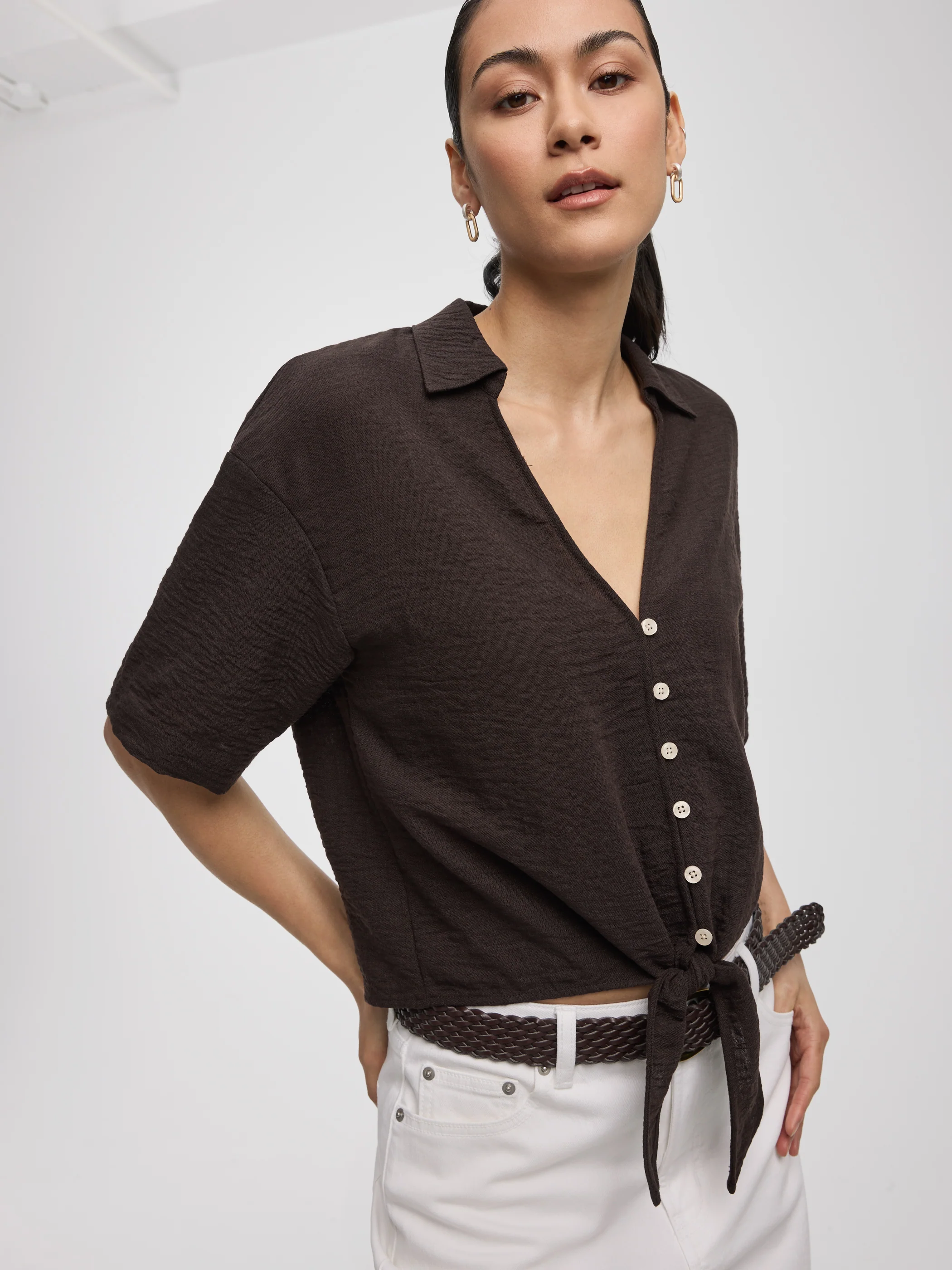 Short-Sleeve V-Neck Blouse with Self-Tie Closure - Image 4