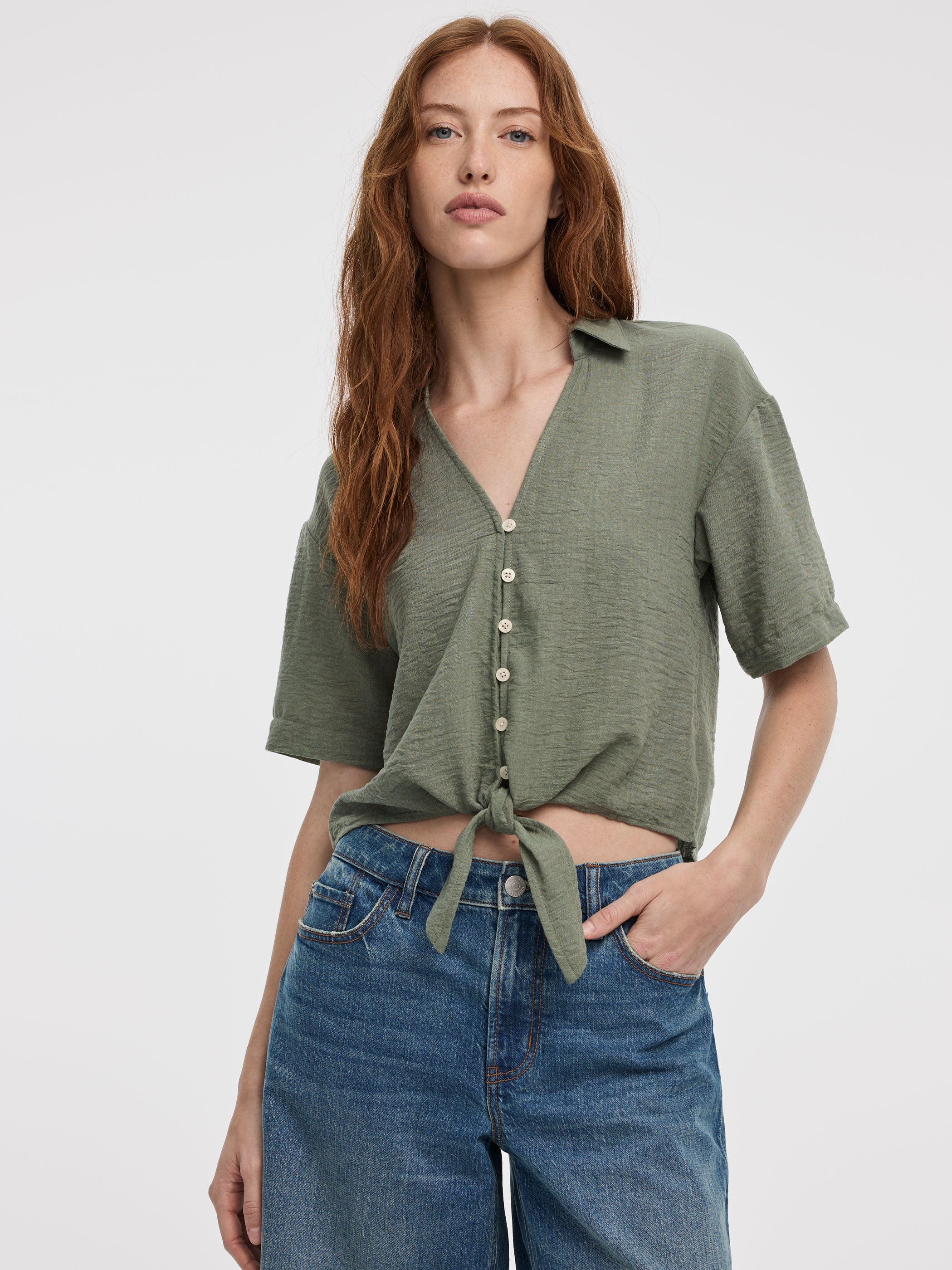 Short-Sleeve V-Neck Blouse with Self-Tie Closure - Image 5
