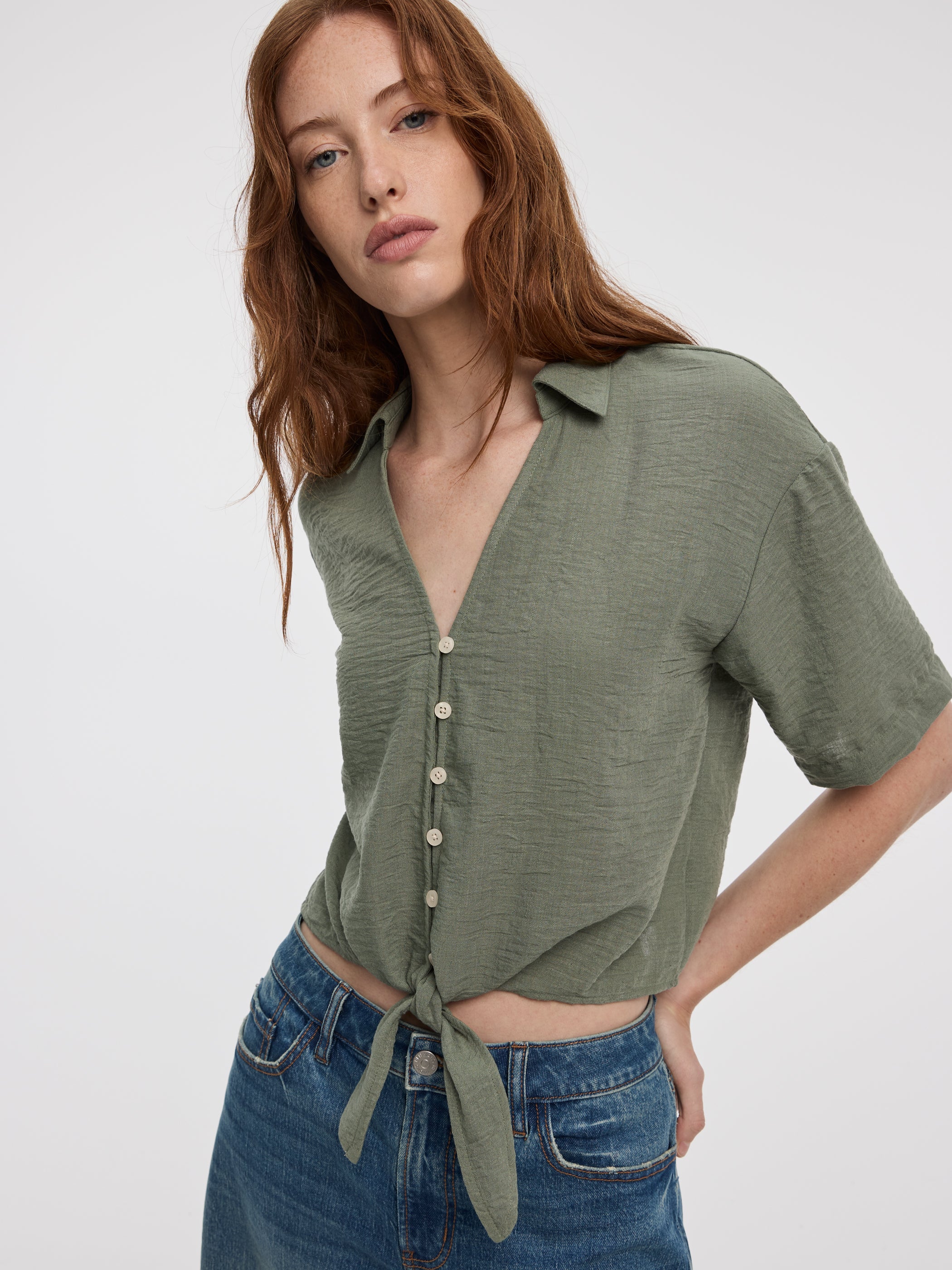 Short-Sleeve V-Neck Blouse with Self-Tie Closure - Image 8